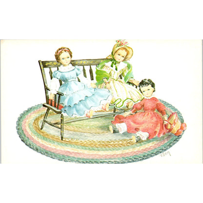 Dolls on Braided Rug Illustration Signed Ellen Original Postcard PB4