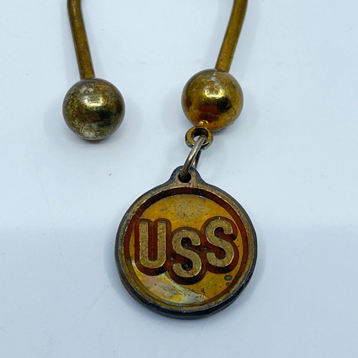 Vintage Brass USS United States Steel Brass Barbell Keychain Keyring SC3