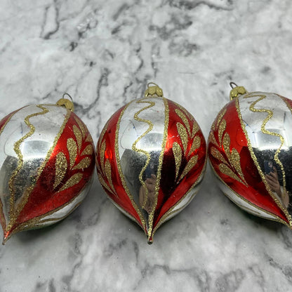 Lot of 3 Vtg Recessed Teardrop Mica Stencil Blown Mercury Glass Ornaments OT2