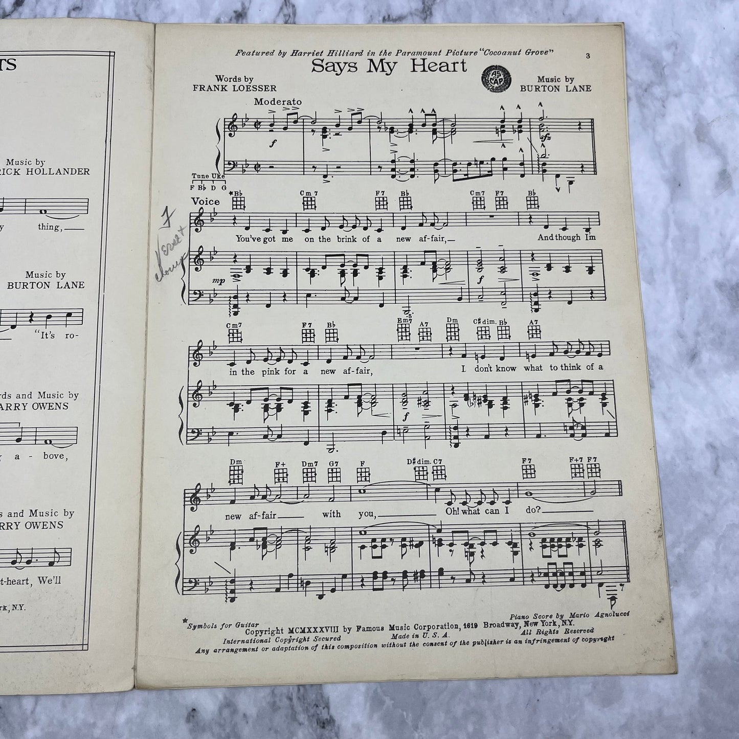 Says My Heart Sheet Music Cover Art Piano Ukulele Cocoanut Grove Film 1938 V39-2