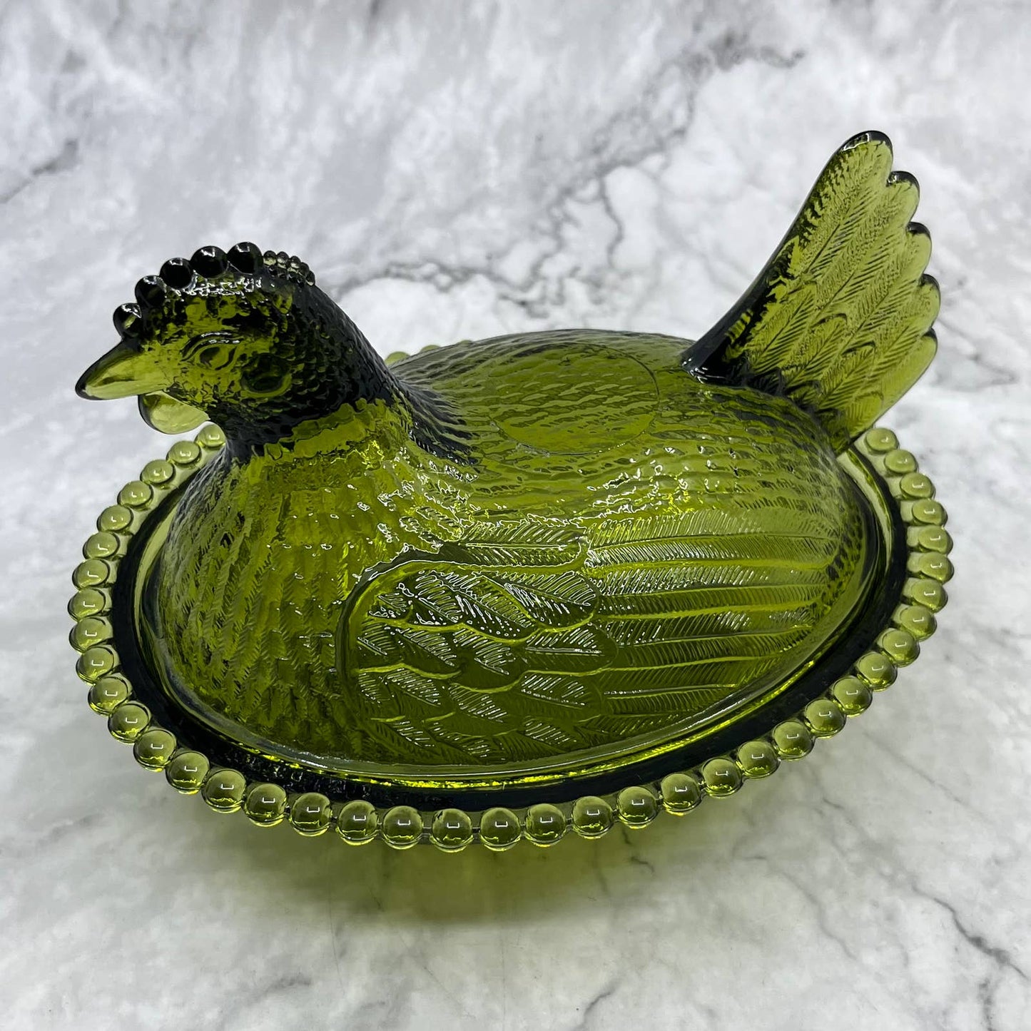 Vintage Nesting Hen Green Avocado Indiana Glass Hen on Nest Candy Dish ~7x5" TF6