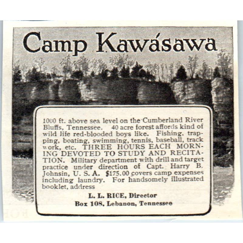 c1920 Harper's Magazine Ad - Camp Kawasawa L.L. Rice Lebanon Tennessee EA3