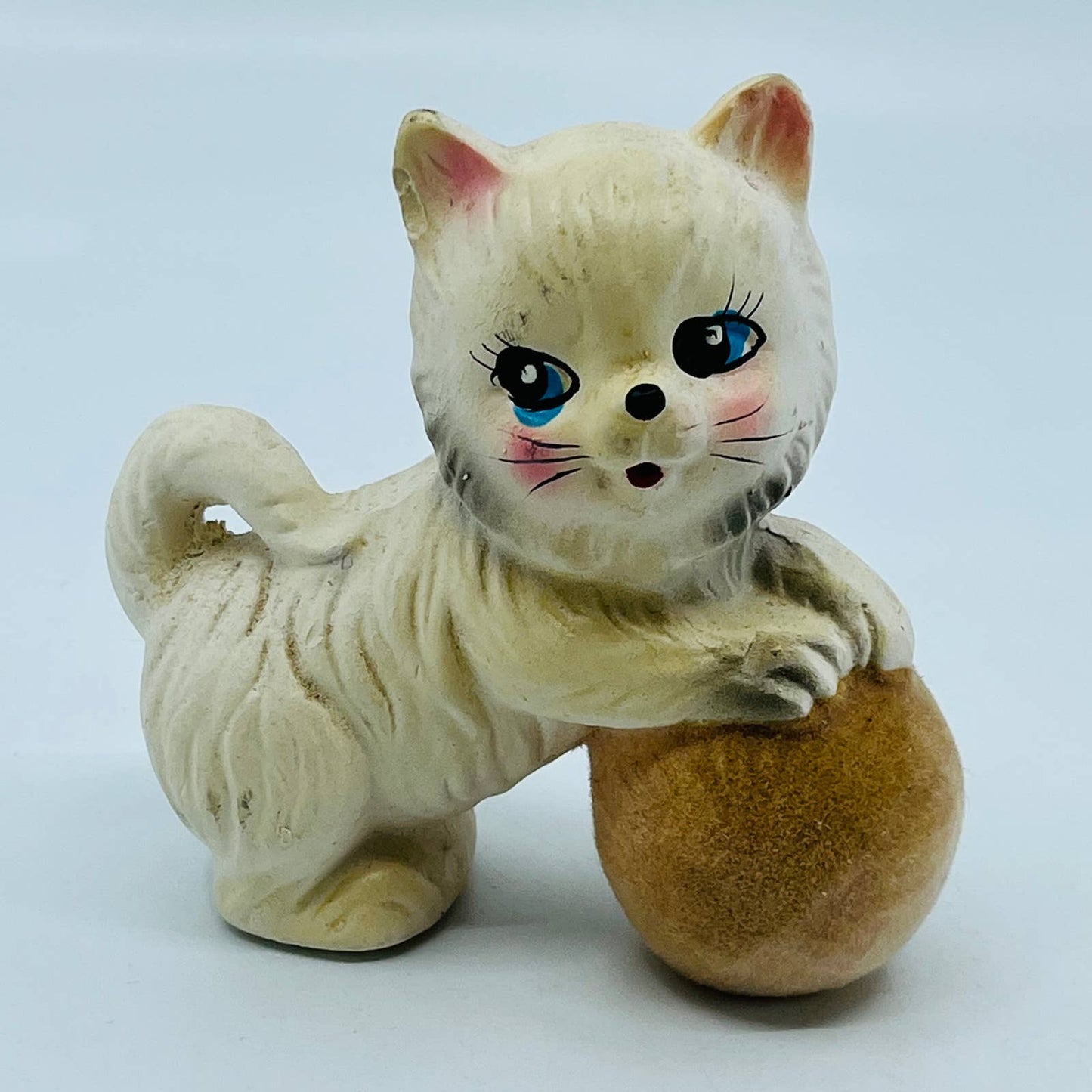 Vtg 1950s Chadwick Hand Painted Ceramic Cat Kitten Flocked Yarn Figurine 4" TC2