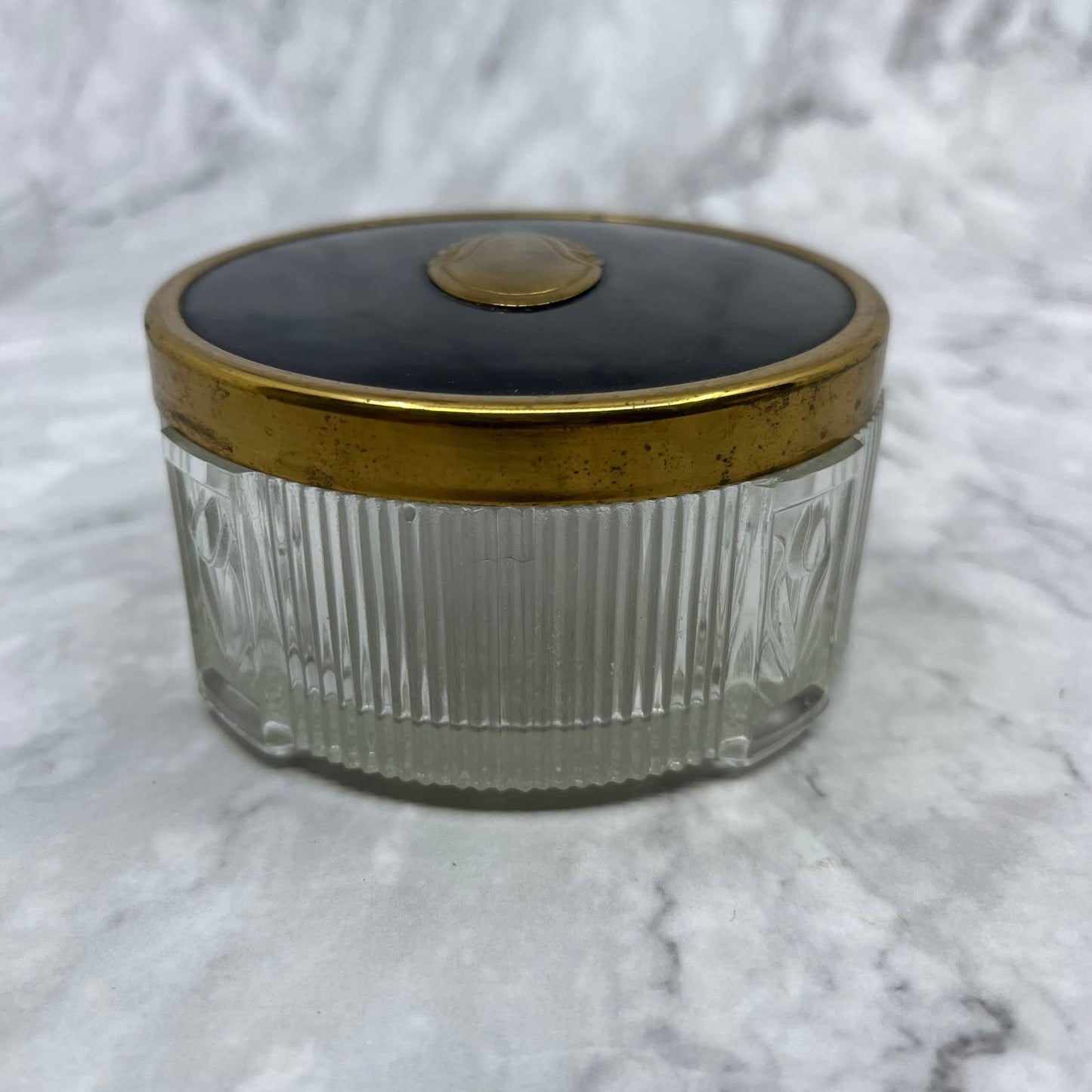 Vintage Art Deco Vanity Jar w/ Brass Embossed Lid w/ Patina 3.5" TA1