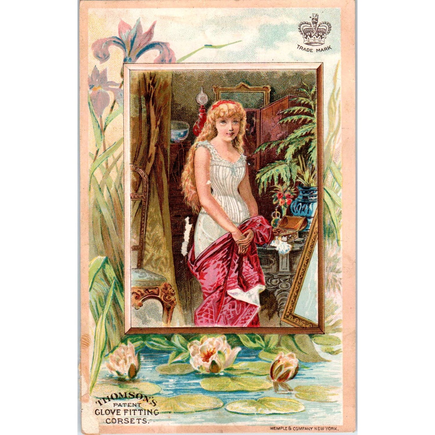 1880s Victorian Trade Card Thomson's Corsets Glove Fitting Girl Jungle Scene SF2