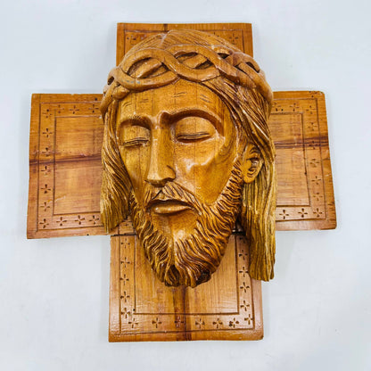 Amazing Hand Carved Jesus Face Cross Relief Wall Plaque Olive Wood 12x13x4