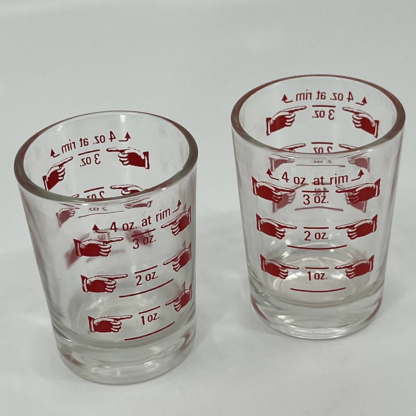 Vintage 1950s MCM Mod Red Pointing Finger 4oz Shot Glass Set of 2 TB5