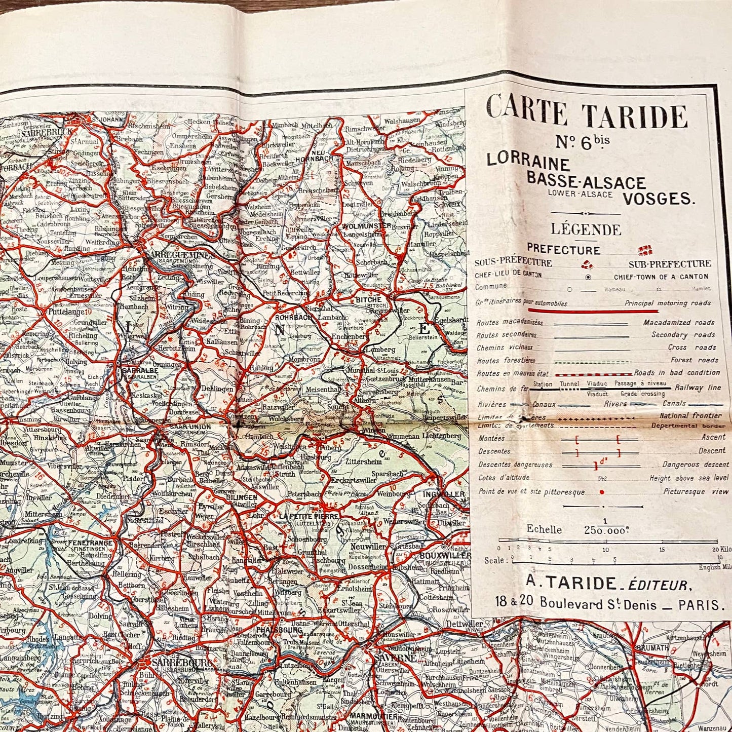 1920s-30s Carte Taride French Map Lorraine Basse-Alsace Voseges 36x28” TE1