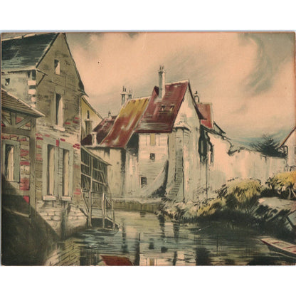 Antique European Village Scene Canal Front Buildings Art Print Lithograph 7x9 TJ1-2