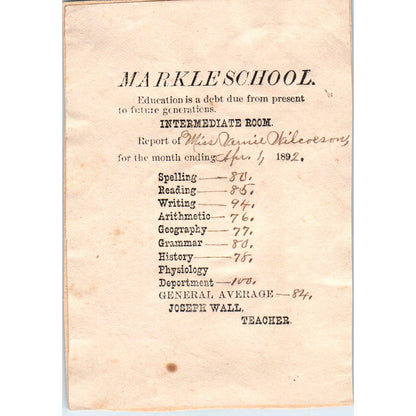 1892 Markle Indiana School Report Card Teacher Joseph Wall Verna Wilcoxson SF2