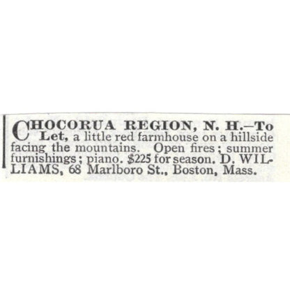 Chocorua Region NH Farmhouse for Rent D. Williams - 1903 Original Ad AK5-S30