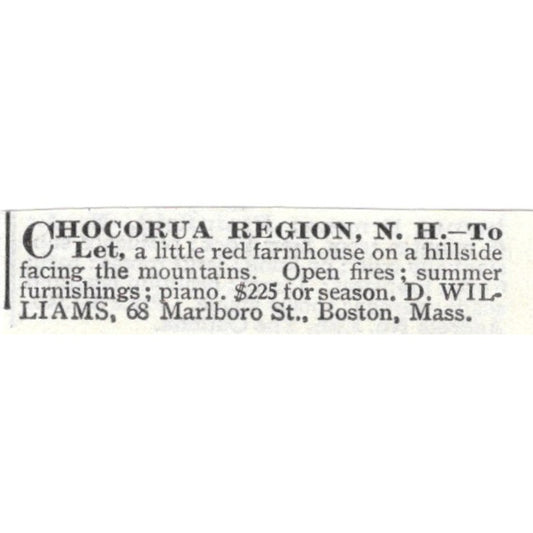 Chocorua Region NH Farmhouse for Rent D. Williams - 1903 Original Ad AK5-S30