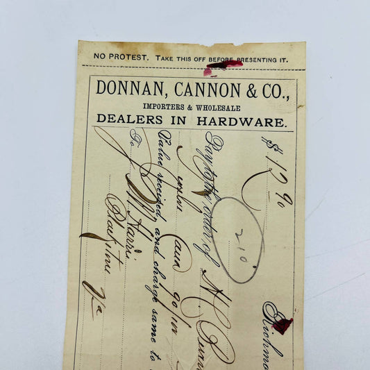 1886 Bank Check Donnan, Cannon & Co. Hardware Dealers Richmond VA AA5