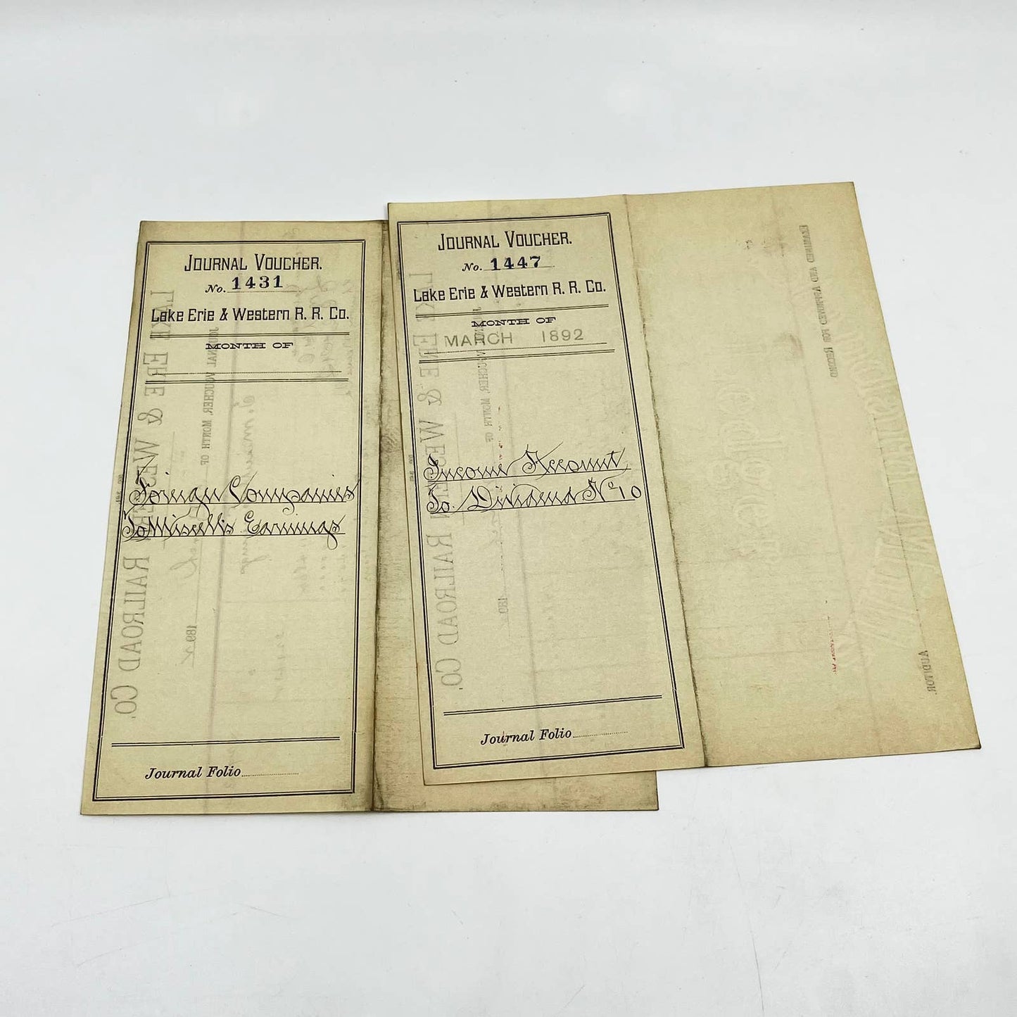 1892 Lake Erie & Western Railroad Co. Journal Voucher RR Lot of 2 AB1-6