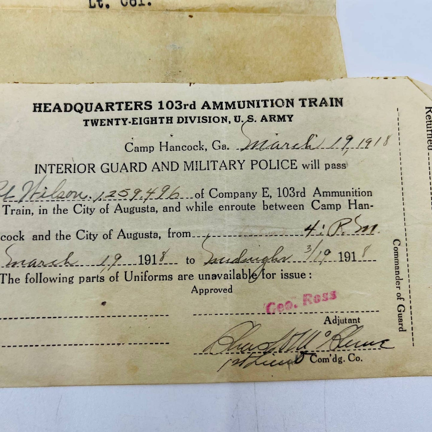 1918 WWI 28th Division 103rd Amm. Documents Corp. Harry E. Wilson Lot of 3 SC2