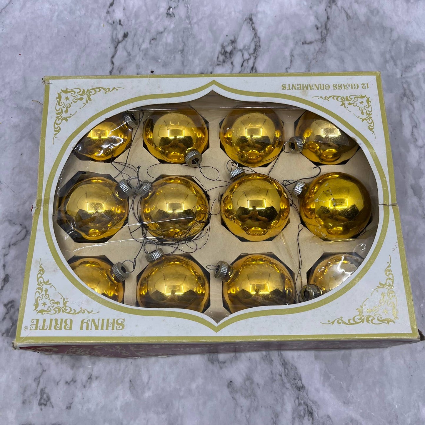 Shiny Brite 12 Vintage 2 1/4" Mercury Glass Ornaments Original Box Gold OT1