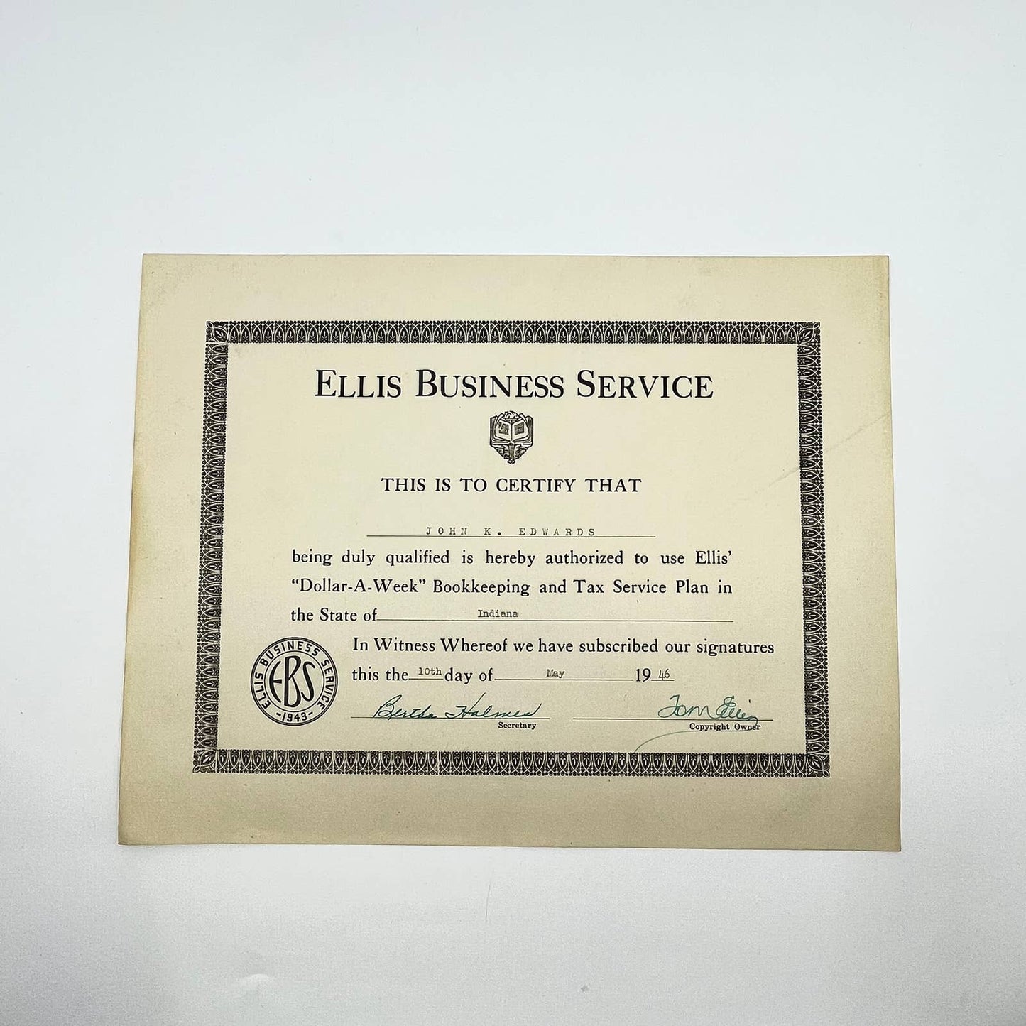 1946 Ellis Business Service Certificate Dollar-a-Week Bookkeeping Indiana AA7