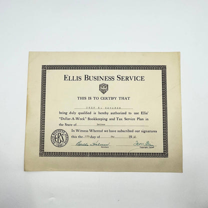 1946 Ellis Business Service Certificate Dollar-a-Week Bookkeeping Indiana AA7