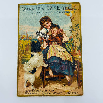 1880s Victorian Trade Card Warner’s Safe Yeast Peek a Boo Border Collie Dog AA2