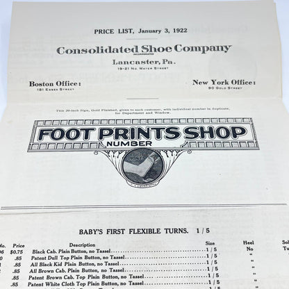 1922 The Footprints Shop Consolidated Shoe Company Price List Lancaster PA AA9