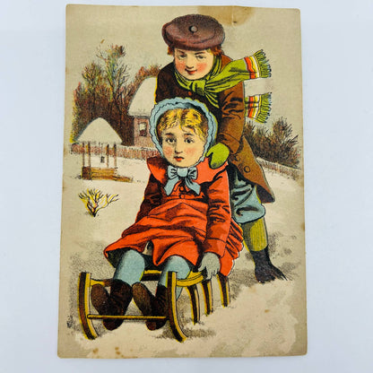 1880s Victorian Trade Card Soapona RW Bell Buffalo NY Children Sledding AA2