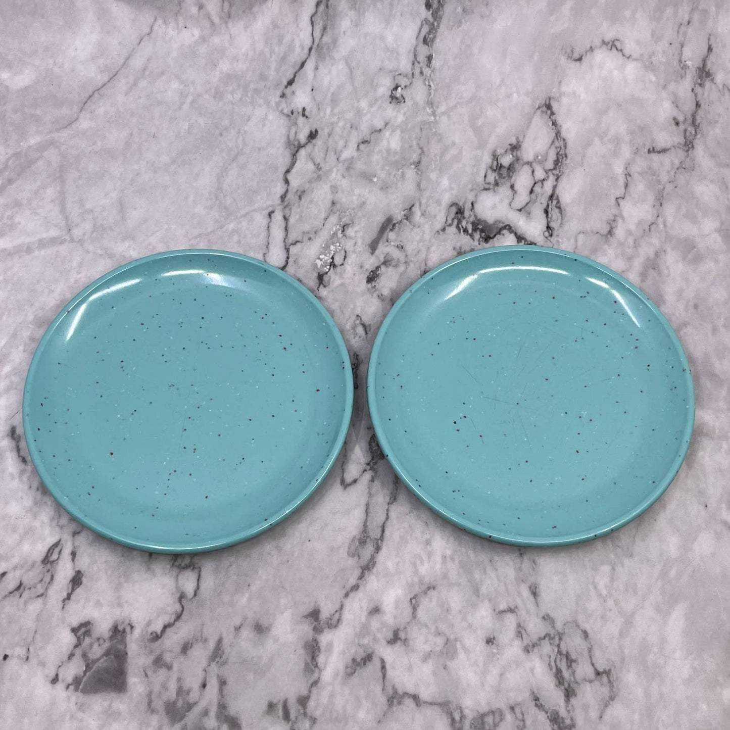 Imperial Ware Speckled Confetti Teal Blue Dessert Plate Set Melmac Malamine TA3