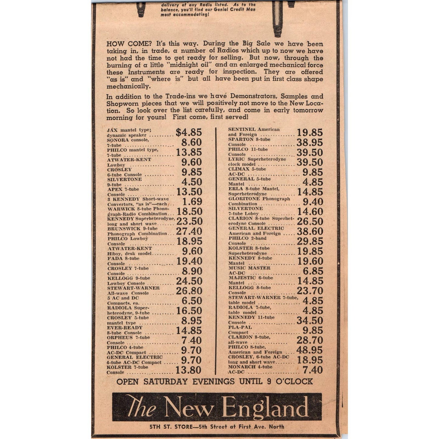 1935 Newspaper Ad Radio Sale- The New England 5th Street Store Minneapolis FL5-2