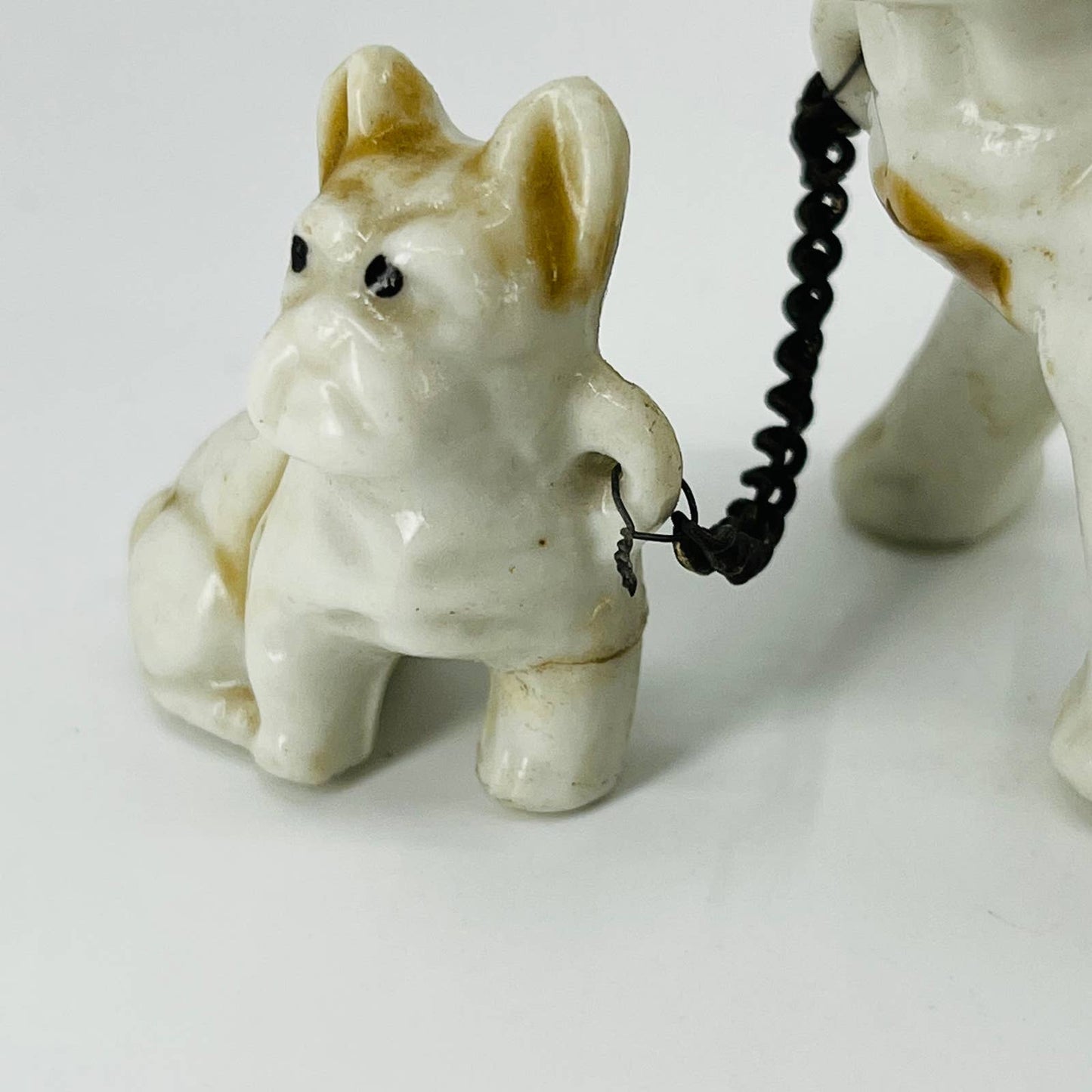 Vintage French Bulldog Dog With Puppy on Chain Hand Painted Porcelain 2.5” SA5