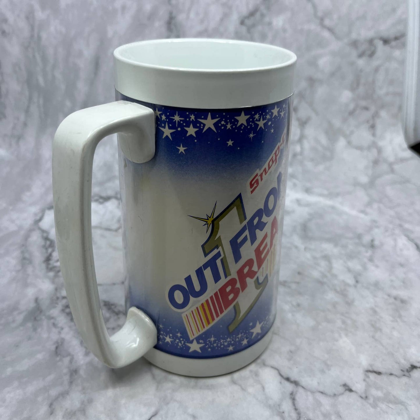 Vintage SNAP ON TOOLS INSULATED COFFEE MUG "OUT FRONT & BREAKING AWAY" 1984 TJ2