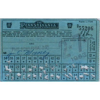 1953 Pennsylvania Railroad Company Monthly School Ticket SE8
