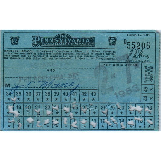 1953 Pennsylvania Railroad Company Monthly School Ticket AK3-M43