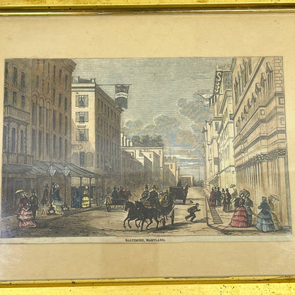 Antique Victorian Framed Art Print Tinted Etching Engraving Baltimore 12x14" TG6