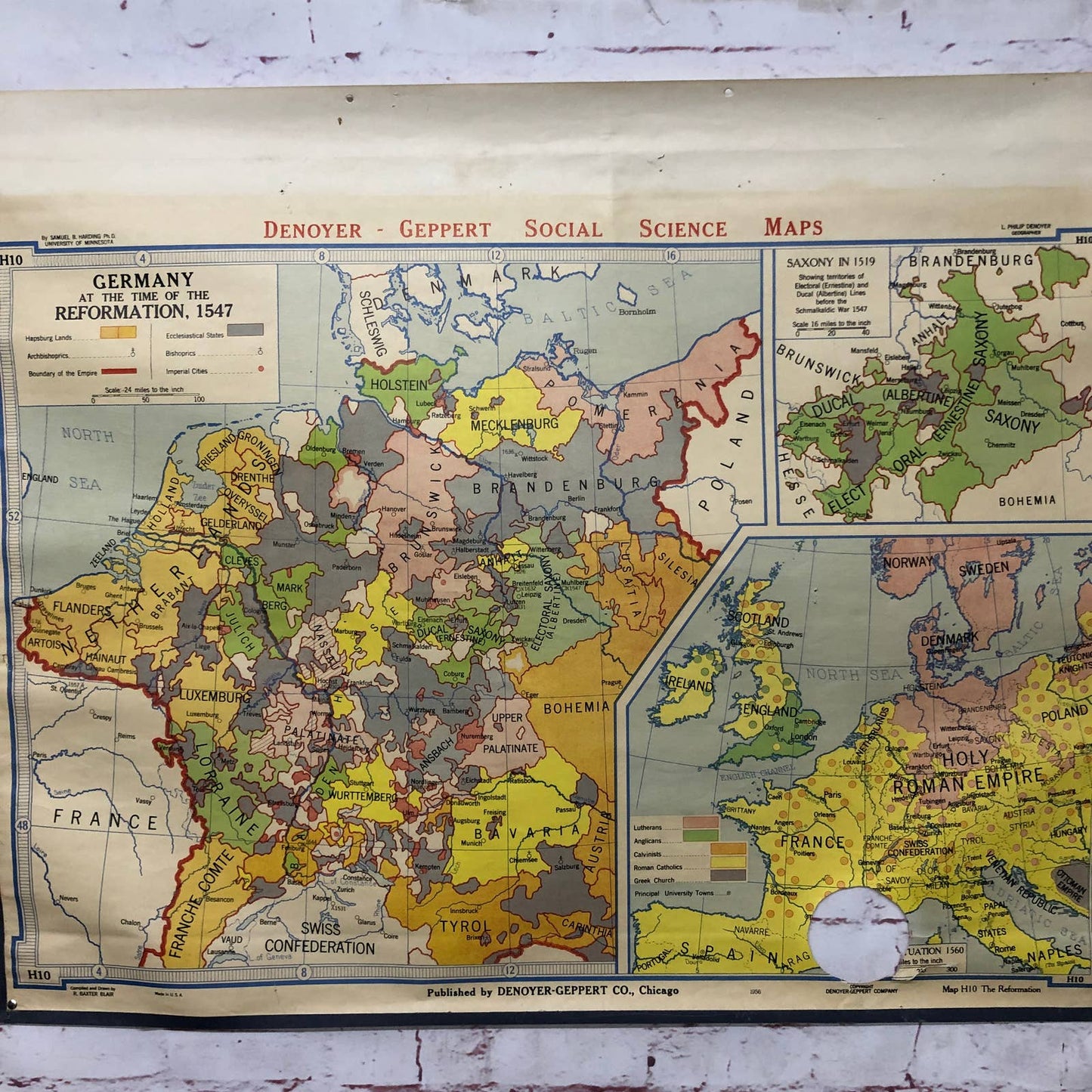 LARGE 1956 Denoyer-Geppert Co. Wall Map Germany at the Time of Reformation 1547