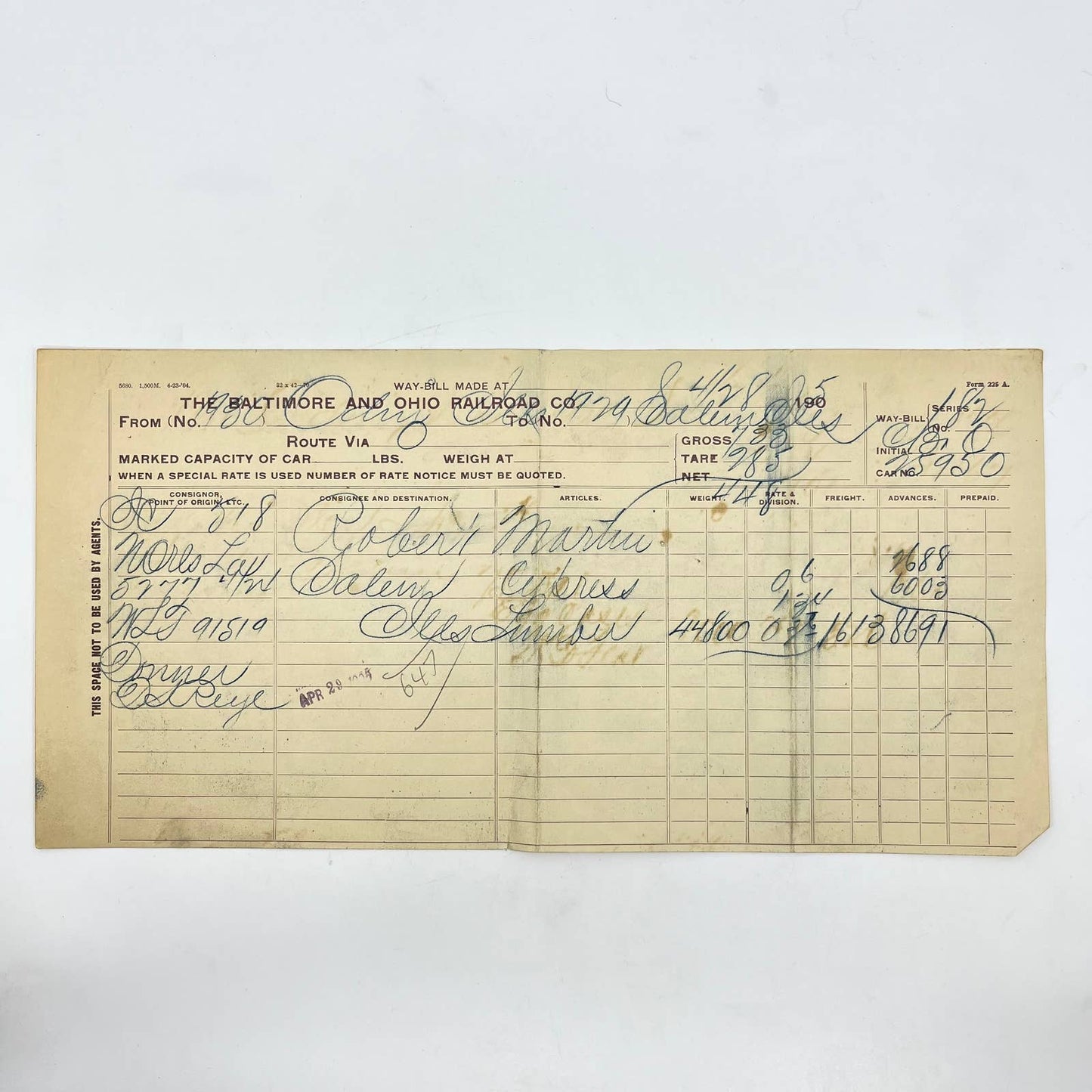 1905 Baltimore & Ohio Railroad RR Letterhead Way Bill Receipt Bill of Lading AA9