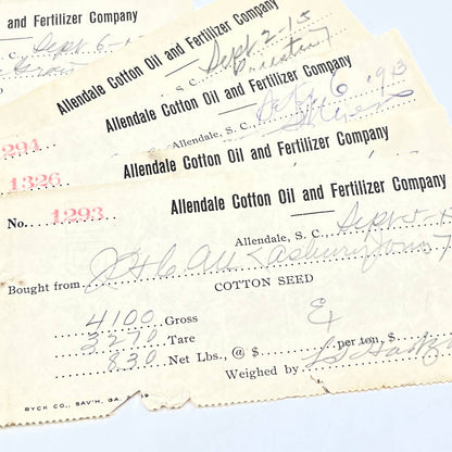 1913 Lot of 8 Billhead Receipts Allendale Cotton Oil and Fertilizer Co. SC AC3