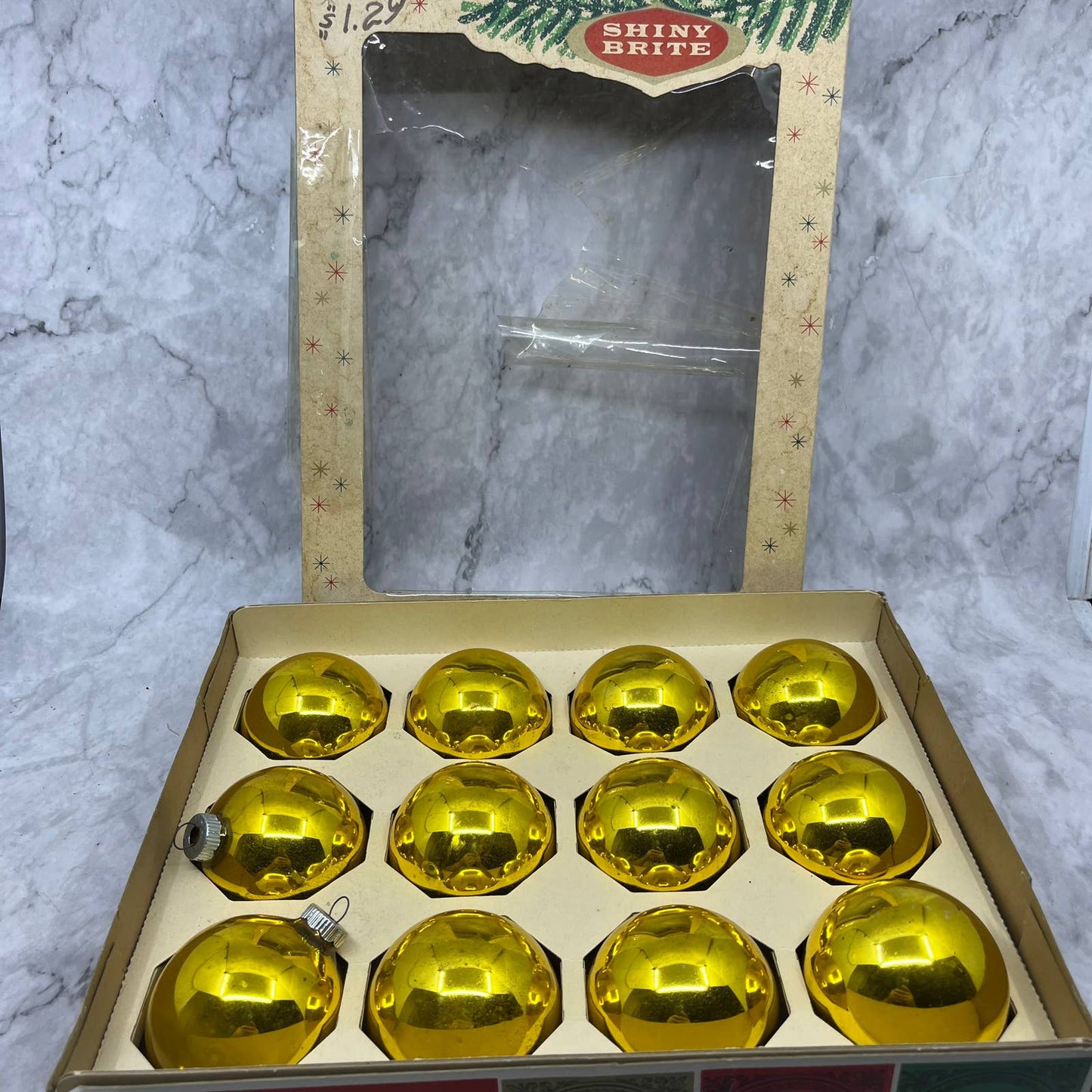 Shiny Brite 12 Vintage 2 5/8" Mercury Glass Ornaments Original Box Gold OT1