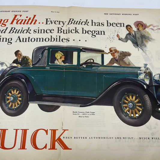 1928 Saturday Evening Post Centerfold Color Buick Automobile Ad FL4