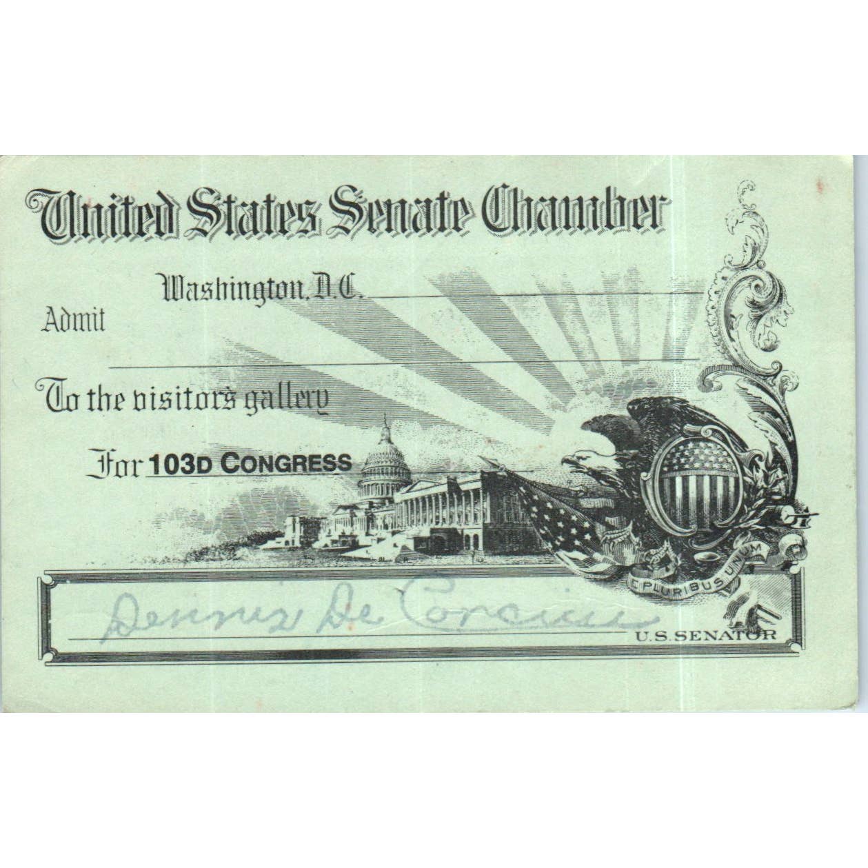 United States Senate Visitor Pass 1993 Dennis DeConcini TK1-P6