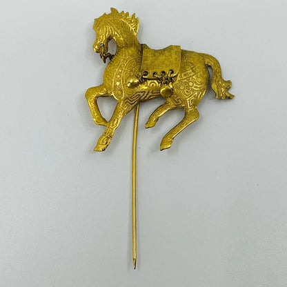 Vintage MCM Hat Lapel Stick Pin Gold Tone Ornate Horse 2 1/2” SB3