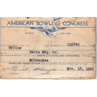 1942 American Bowling Congress Milwaukee Membership Card SE5-1