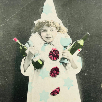 1908 Post Card Photo Tinted Little Girl Clown Costume Bottles PA7