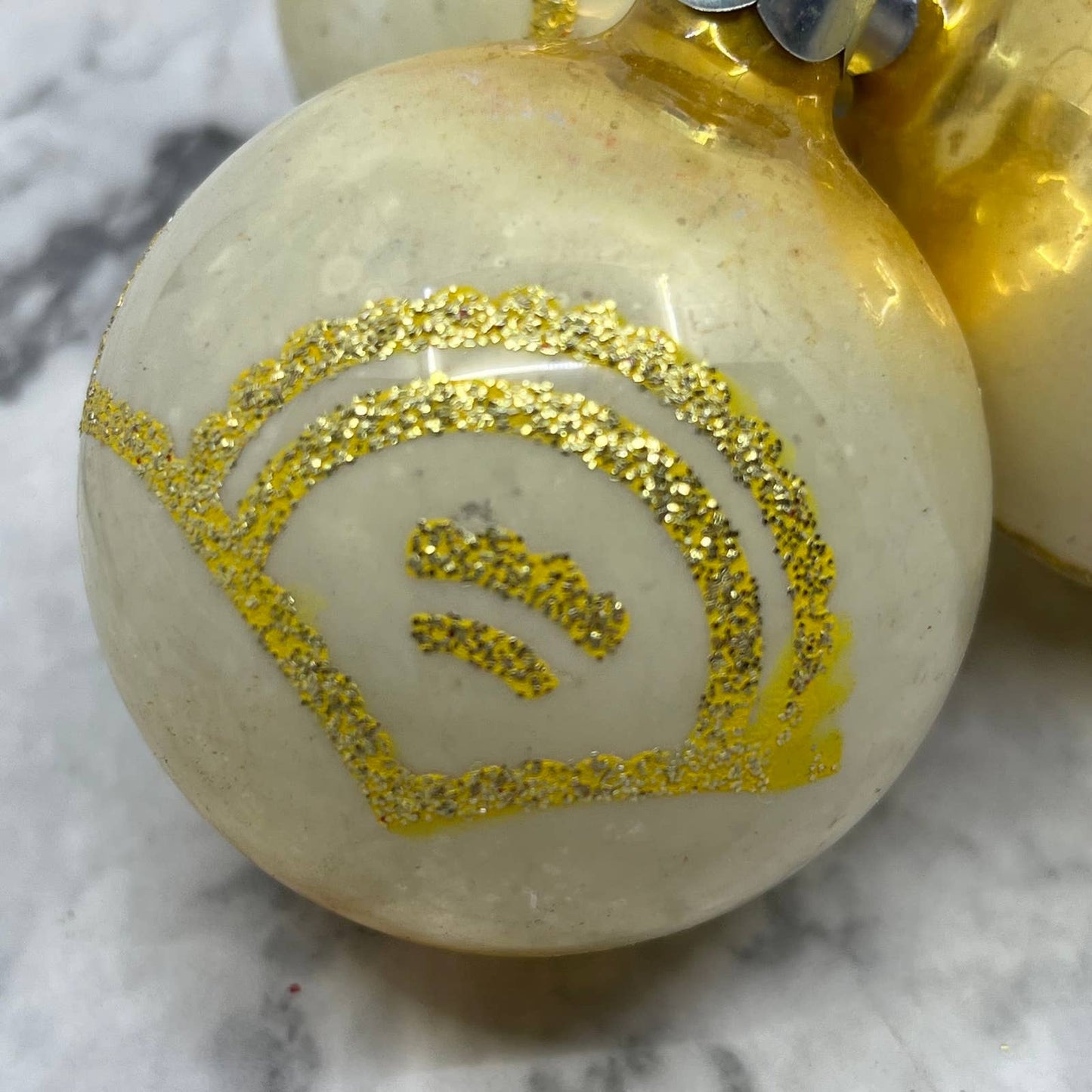 Vtg Lot of 3 Shiny Brite Mercury Glass Ornaments Yellow Cream Mica Stencil TJ9