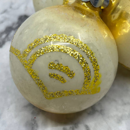 Vtg Lot of 3 Shiny Brite Mercury Glass Ornaments Yellow Cream Mica Stencil TJ9