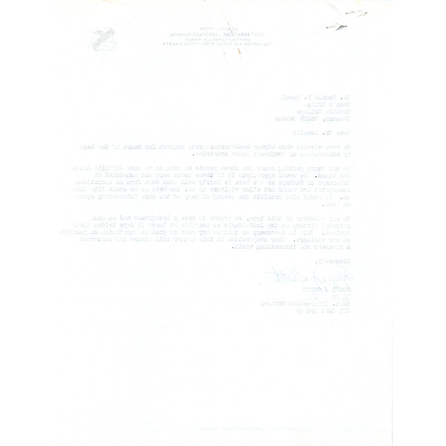 821st Strategic Aerospace Division Letterhead Memo Lt Roger J Scott 1960s TK1-P8