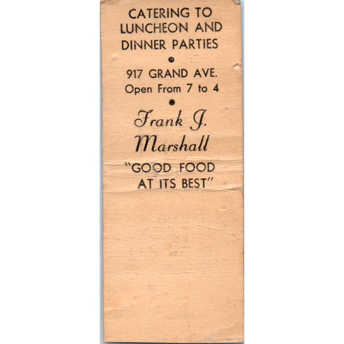 Frank J Marshall Dining Kansas City MO Advertising Matchbook Cover SA9-M2