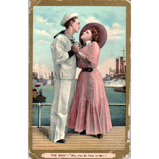 1909 Victorian Couple Navy Sailor Original Postcard P3-3