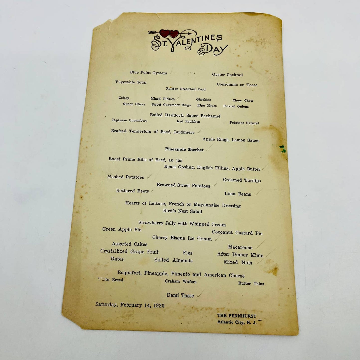 1920 The Pennhurst Atlantic City NJ Valentines Breakfast Lunch & Dinner Menus D4