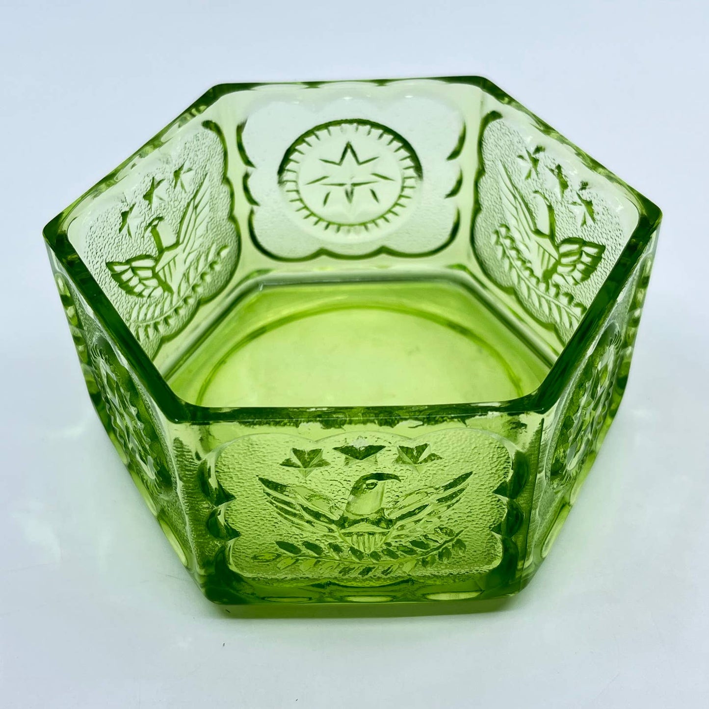 Vintage Green Hexagon Colony Indiana Glass Candy Dish With Eagles & Stars 5” TF5
