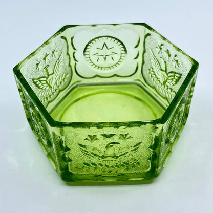 Vintage Green Hexagon Colony Indiana Glass Candy Dish With Eagles & Stars 5” TF5