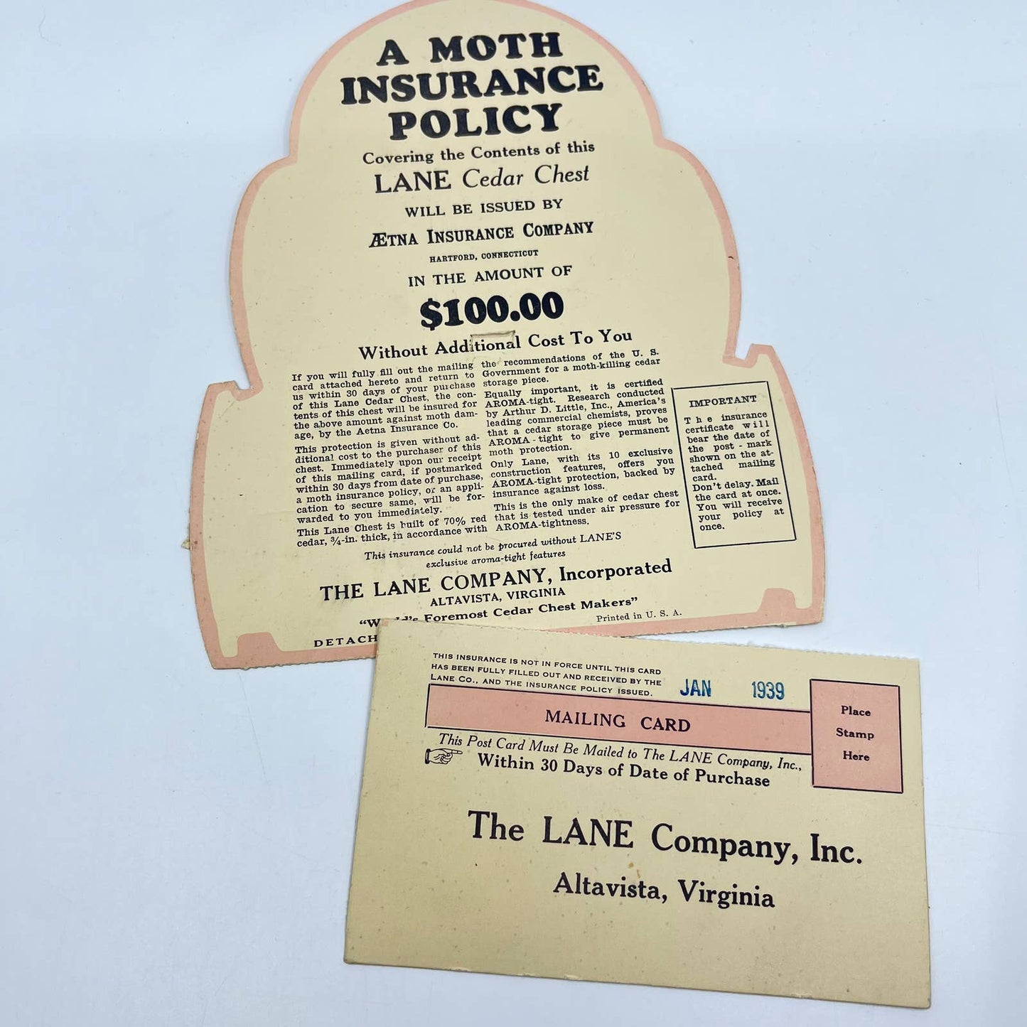 1939 Lane Cedar Chest Moth Insurance Card Insert and Mailing Card AA7